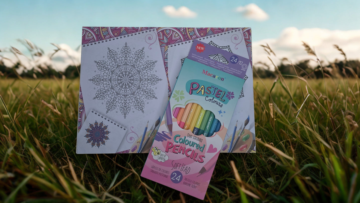 Kit Coloriage Mandala & Crayons de Couleur Pastel – 31 Modèles + 24 Couleurs Duo